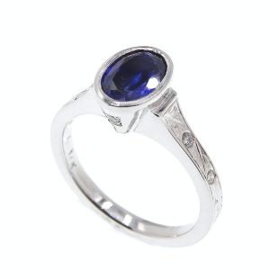 Blue Sapphire Ring Handmade in solid 14K White Gold.