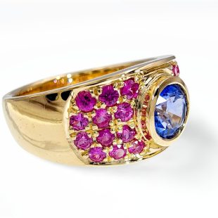 14K yellow gold blue and pink sapphire ring