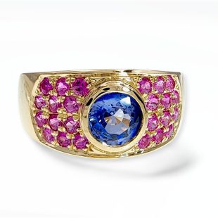 14K yellow gold blue and pink sapphire ring