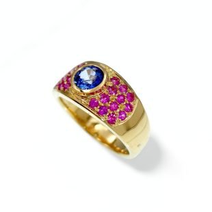 14K yellow gold blue and pink sapphire ring